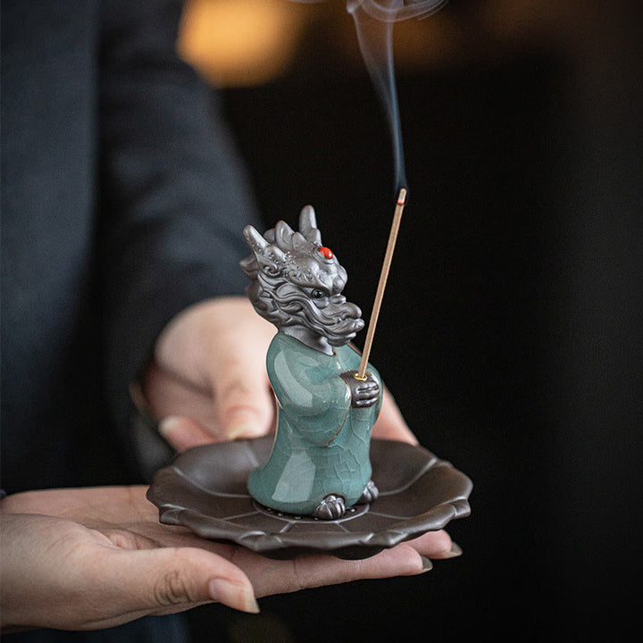 Buddha Stones priant le roi dragon Lotus Base Fu personnage céramique guérison brûleur d'encens décoration de bureau