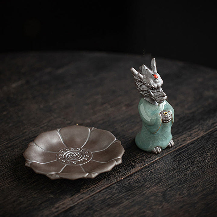 Buddha Stones priant le roi dragon Lotus Base Fu personnage céramique guérison brûleur d'encens décoration de bureau
