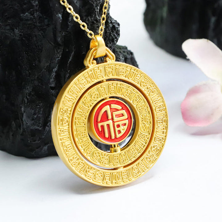 Collier pendentif rotatif en jade Hetian Buddha Stones et caractère Fu, cent bénédictions