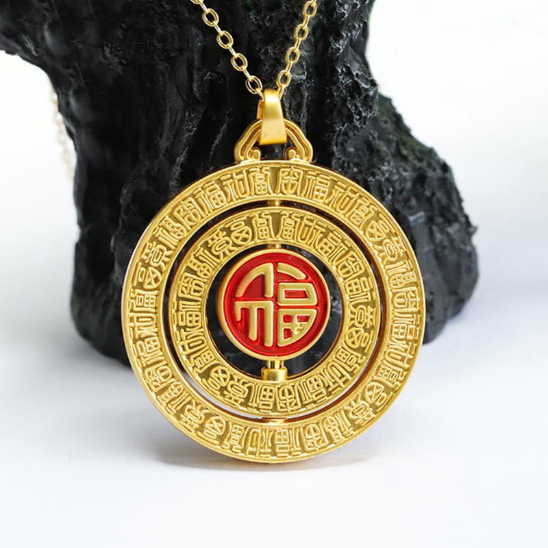 Collier pendentif rotatif en jade Hetian Buddha Stones et caractère Fu, cent bénédictions