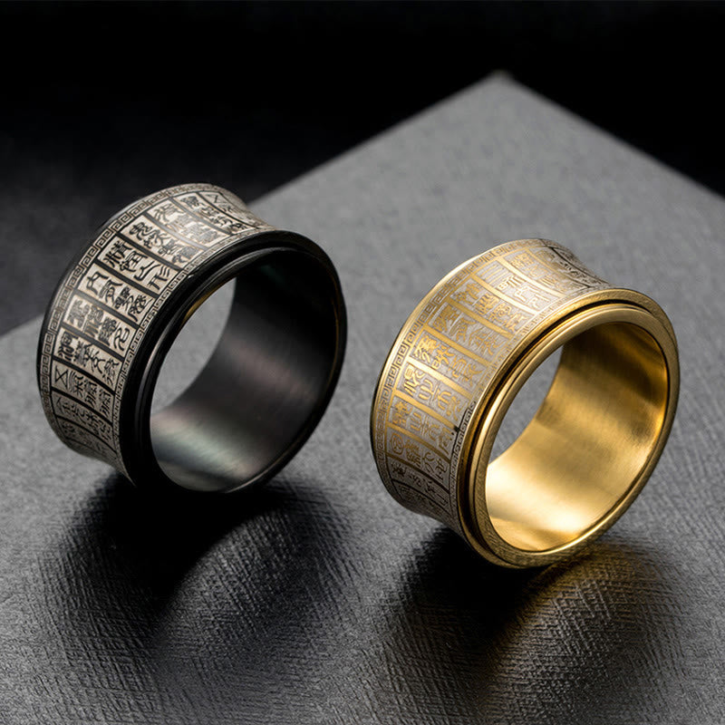 Buddha Stones d'équilibre rotative en acier titane avec inscription en sceau tibétain et mantra de lumière dorée