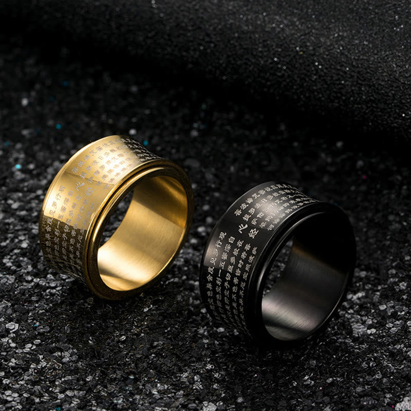 Bague d'équilibre rotative en acier titane Buddha Stones et écritures miniatures tibétaines Sutra du cœur
