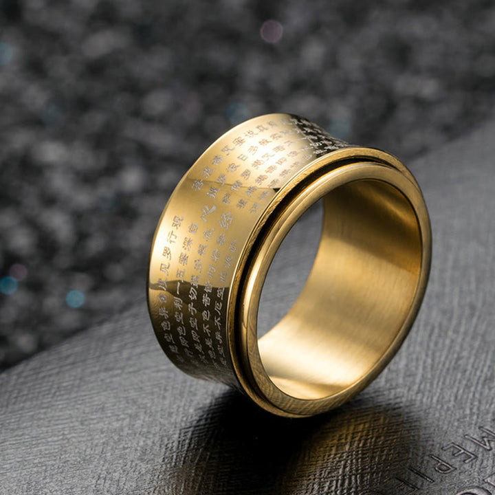 Bague d'équilibre rotative en acier titane Buddha Stones et écritures miniatures tibétaines Sutra du cœur
