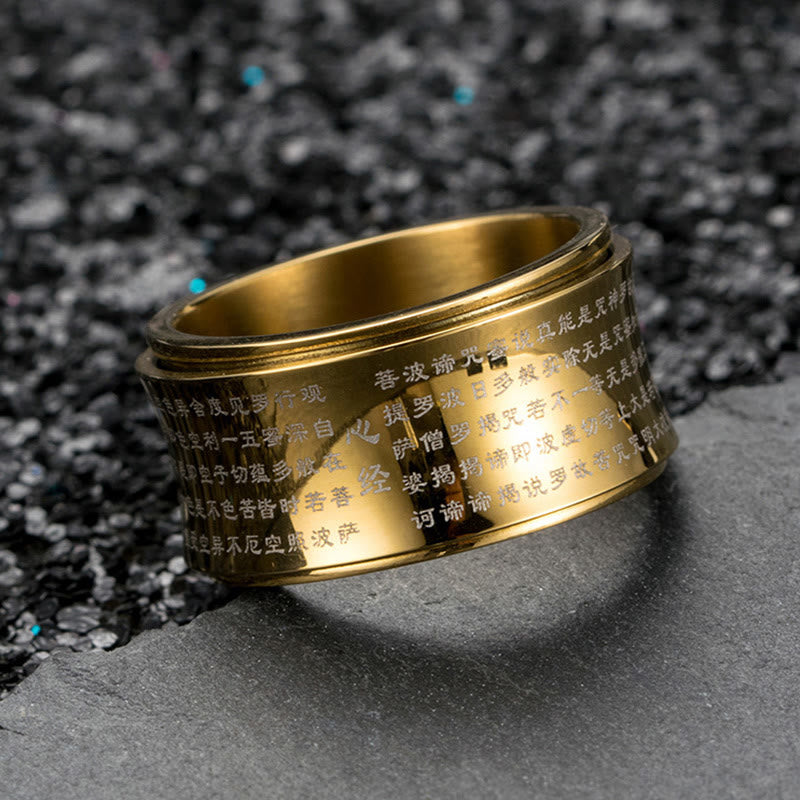 Bague d'équilibre rotative en acier titane Buddha Stones et écritures miniatures tibétaines Sutra du cœur