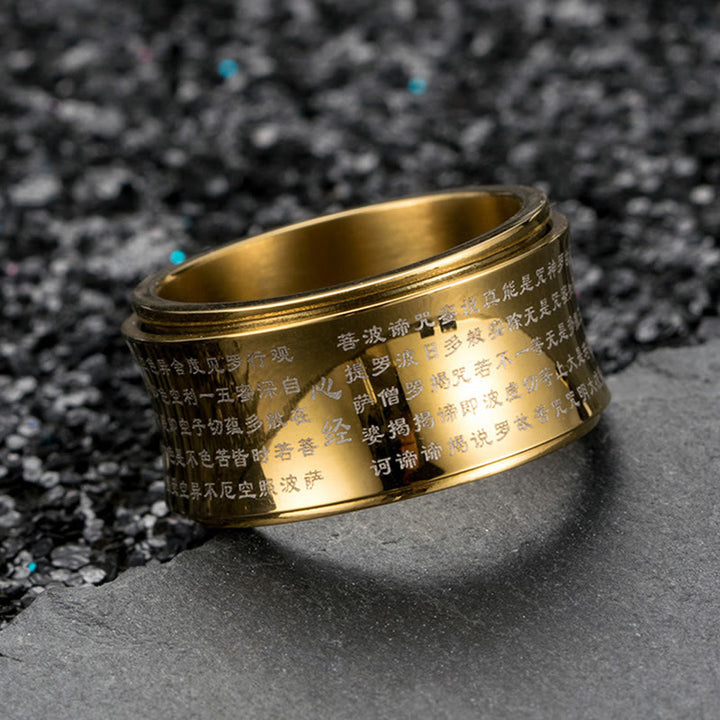 Bague d'équilibre rotative en acier titane Buddha Stones et écritures miniatures tibétaines Sutra du cœur