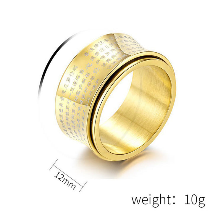Bague d'équilibre rotative en acier titane Buddha Stones et écritures miniatures tibétaines Sutra du cœur