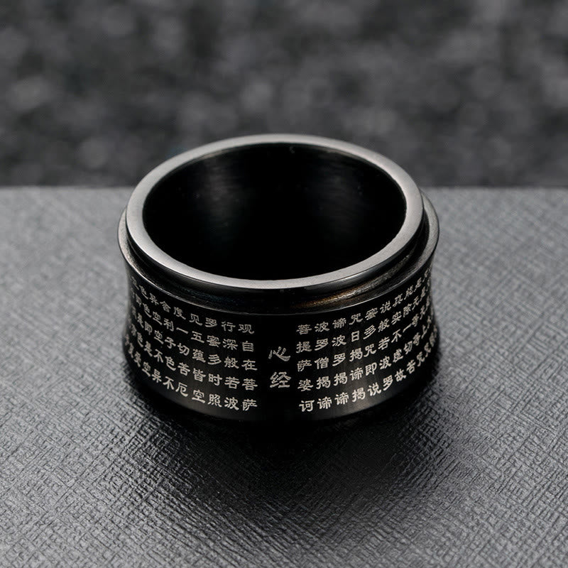 Bague d'équilibre rotative en acier titane Buddha Stones et écritures miniatures tibétaines Sutra du cœur