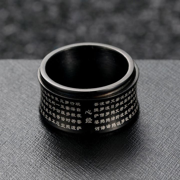 Bague d'équilibre rotative en acier titane Buddha Stones et écritures miniatures tibétaines Sutra du cœur