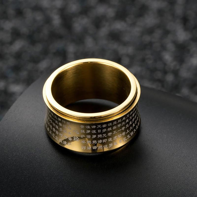 Bague d'équilibre rotative en acier titane Buddha Stones et écritures miniatures tibétaines Sutra du cœur