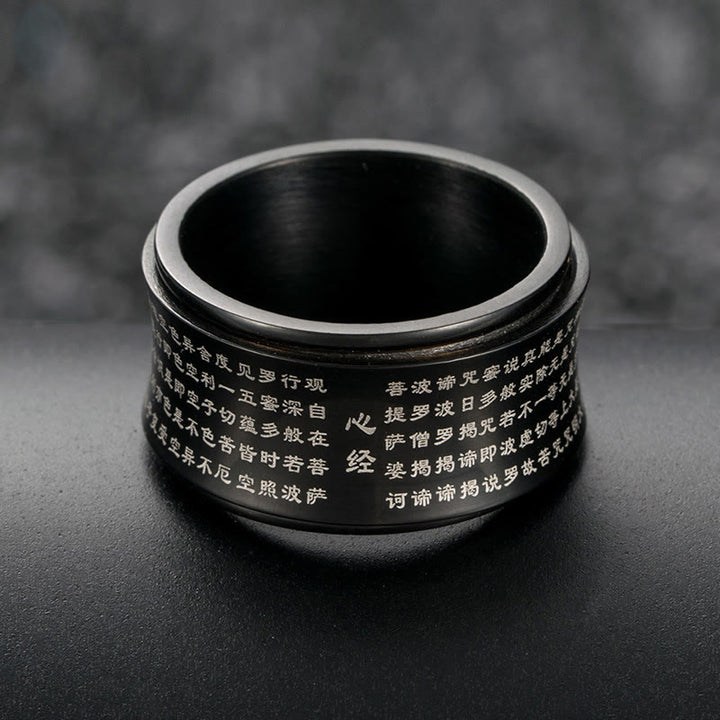 Bague d'équilibre rotative en acier titane Buddha Stones et écritures miniatures tibétaines Sutra du cœur