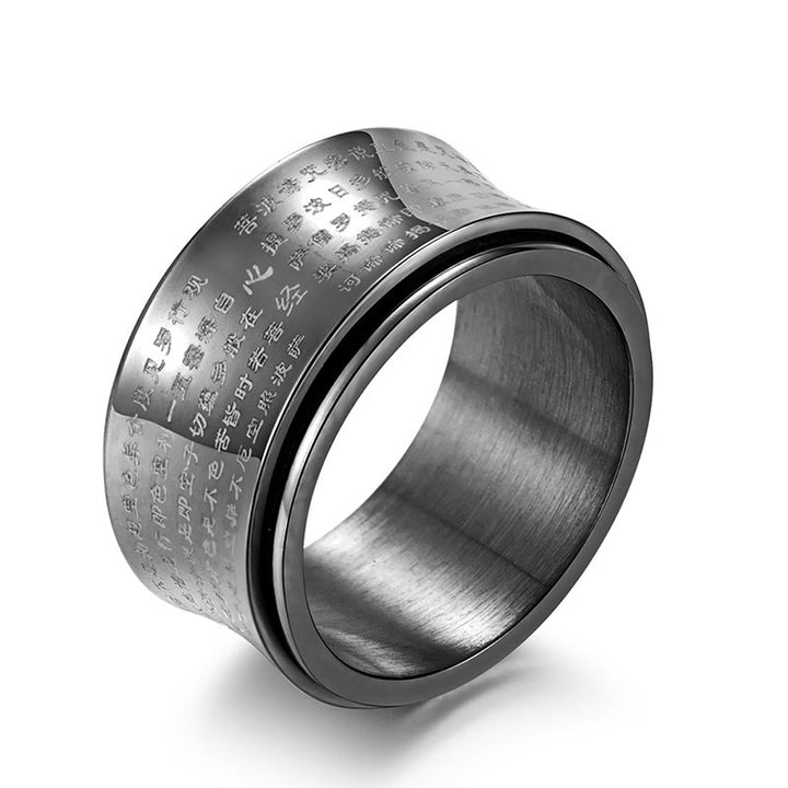 Bague d'équilibre rotative en acier titane Buddha Stones et écritures miniatures tibétaines Sutra du cœur