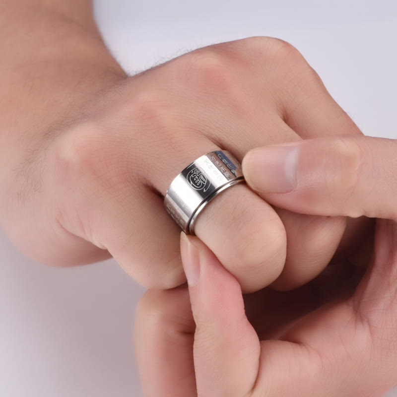 Bague d'équilibre rotative à surface lisse en acier titane avec mantra tibétain et Buddha Stones