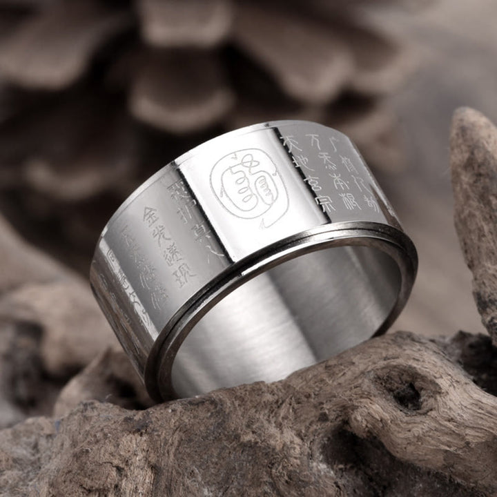 Bague d'équilibre rotative à surface lisse en acier titane avec mantra tibétain et Buddha Stones