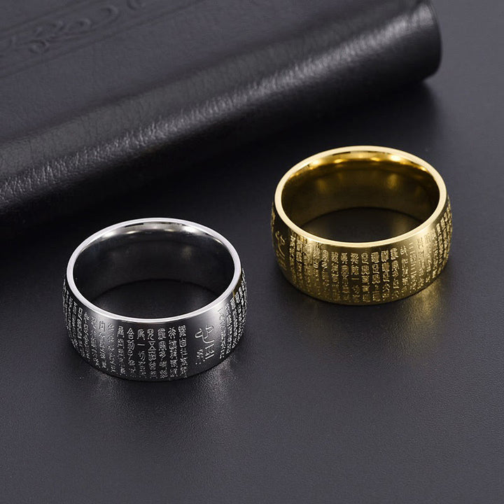 Bague d'équilibre en acier titane Buddha Stones tibétain et Sutra du cœur