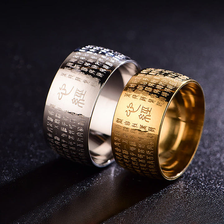 Bague d'équilibre en acier titane Buddha Stones tibétain et Sutra du cœur
