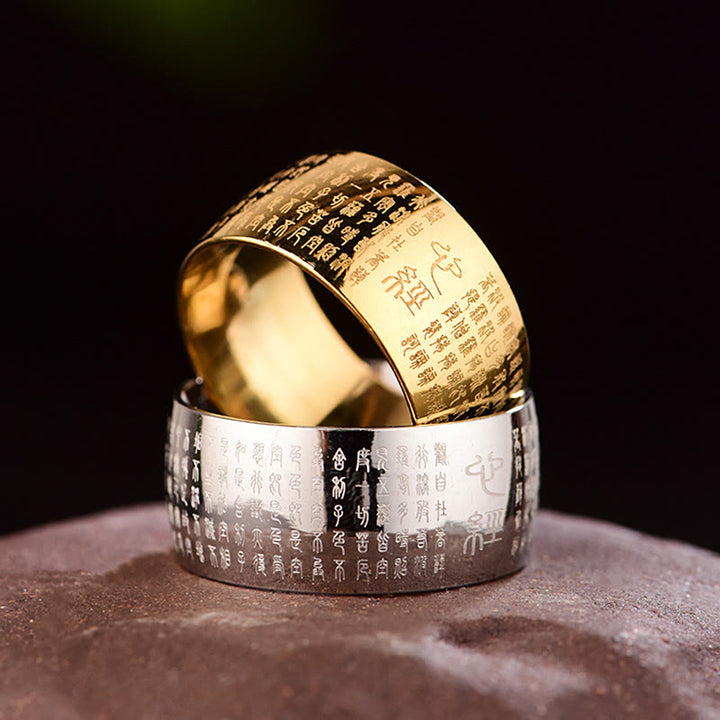 Bague d'équilibre en acier titane Buddha Stones tibétain et Sutra du cœur