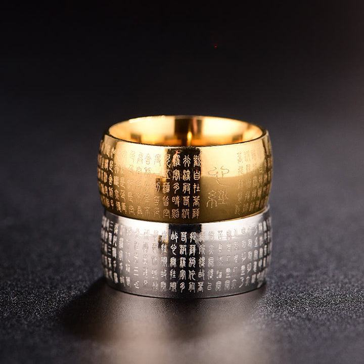 Bague d'équilibre en acier titane Buddha Stones tibétain et Sutra du cœur