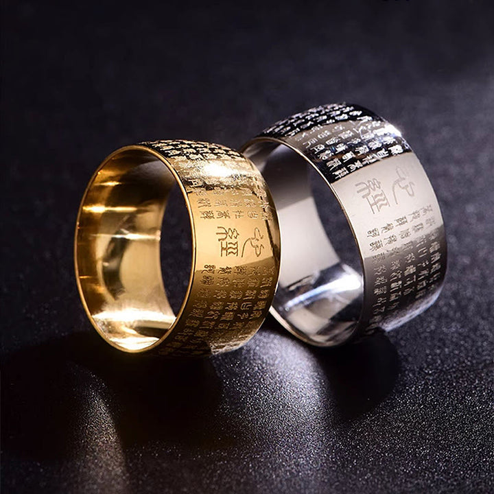 Bague d'équilibre en acier titane Buddha Stones tibétain et Sutra du cœur