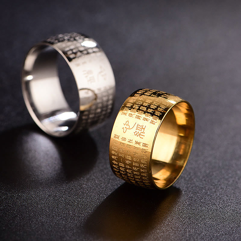 Bague d'équilibre en acier titane Buddha Stones tibétain et Sutra du cœur