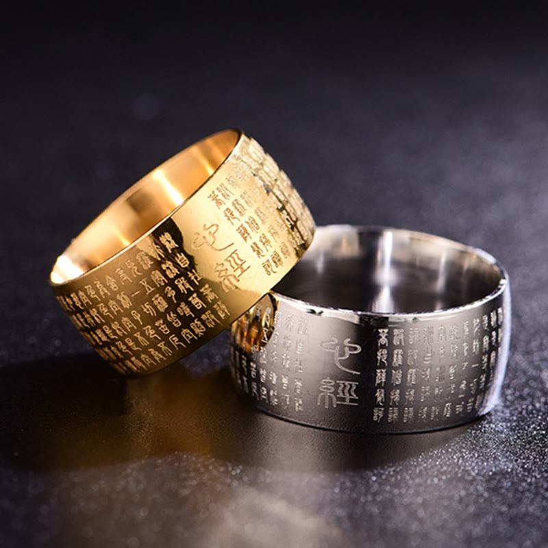 Bague d'équilibre en acier titane Buddha Stones tibétain et Sutra du cœur