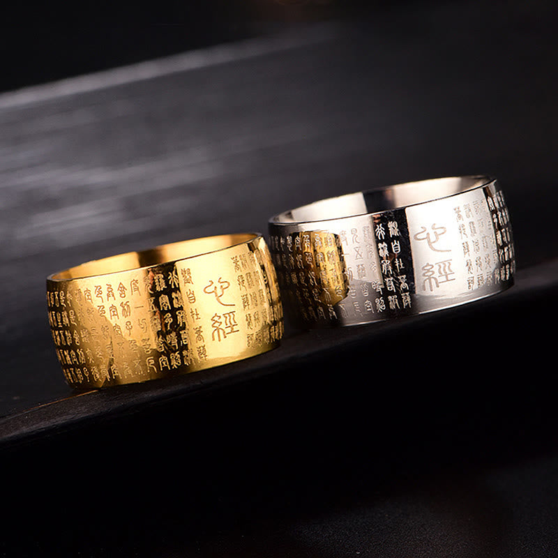 Bague d'équilibre en acier titane Buddha Stones tibétain et Sutra du cœur
