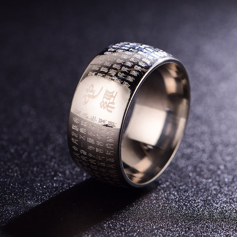 Bague d'équilibre en acier titane Buddha Stones tibétain et Sutra du cœur