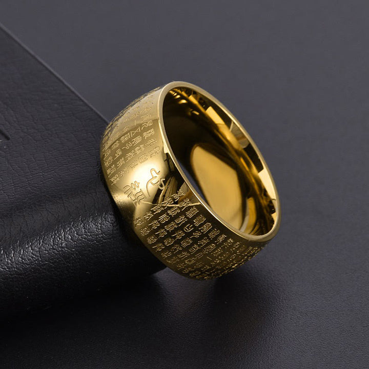 Bague d'équilibre en acier titane Buddha Stones tibétain et Sutra du cœur