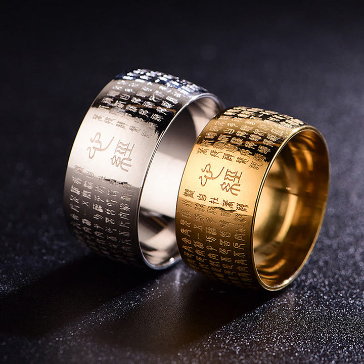 Bague d'équilibre en acier titane Buddha Stones tibétain et Sutra du cœur