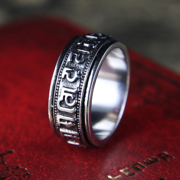 Bague d'équilibre rotative en acier titane Buddha Stones tibétaines Om Mani Padme Hum