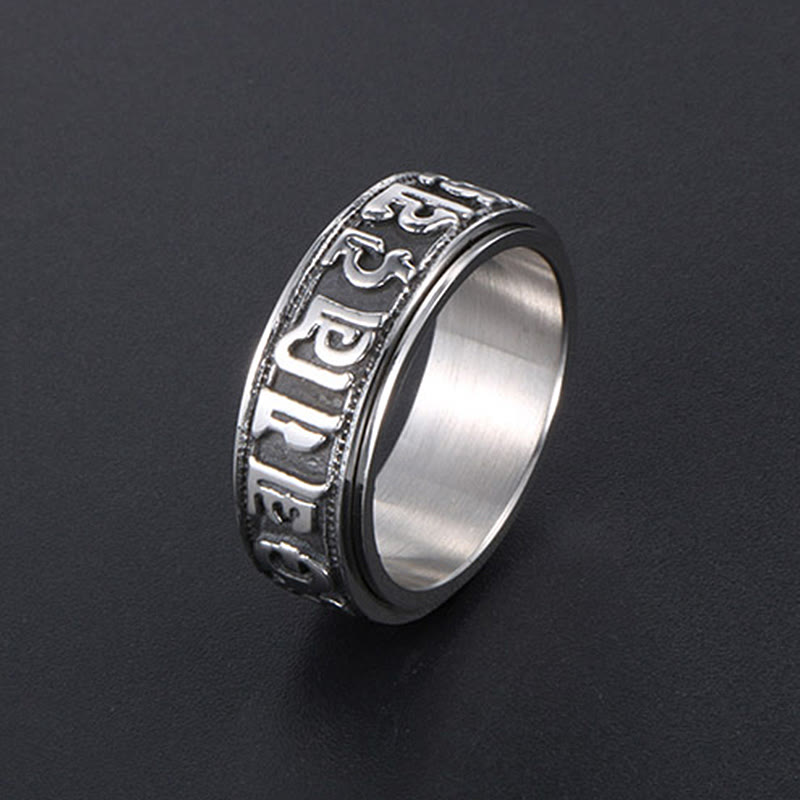 Bague d'équilibre rotative en acier titane Buddha Stones tibétaines Om Mani Padme Hum