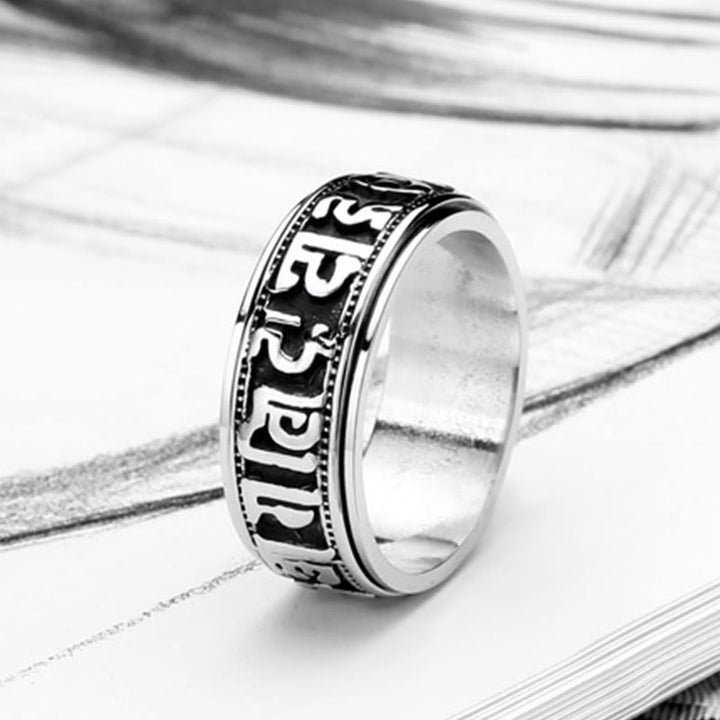 Bague d'équilibre rotative en acier titane Buddha Stones tibétaines Om Mani Padme Hum