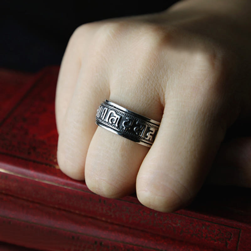 Bague d'équilibre rotative en acier titane Buddha Stones tibétaines Om Mani Padme Hum