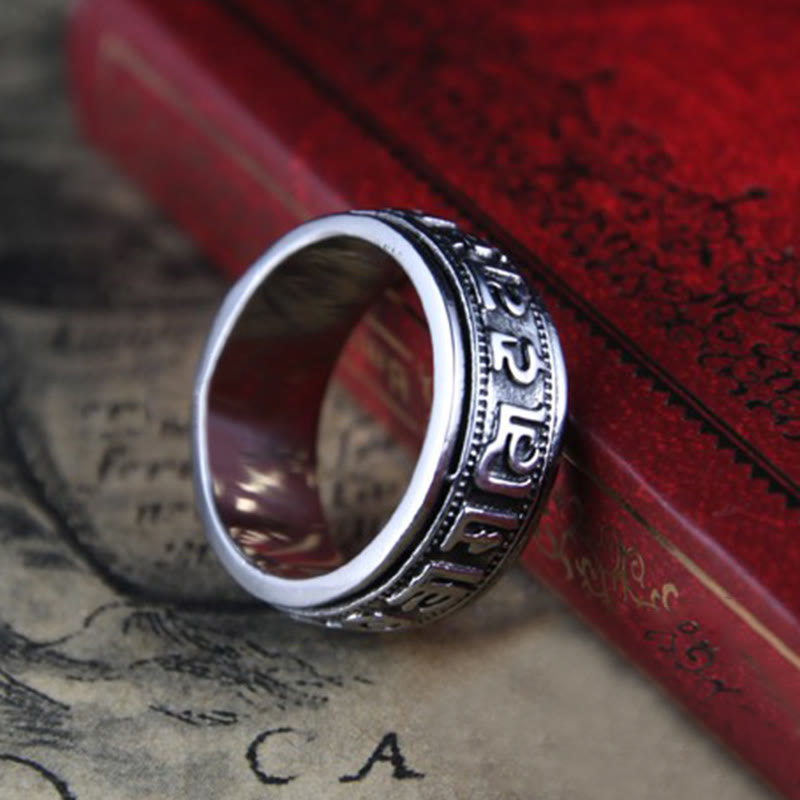 Bague d'équilibre rotative en acier titane Buddha Stones tibétaines Om Mani Padme Hum
