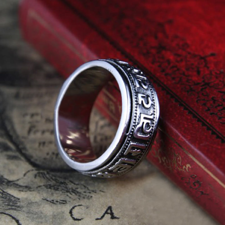 Bague d'équilibre rotative en acier titane Buddha Stones tibétaines Om Mani Padme Hum