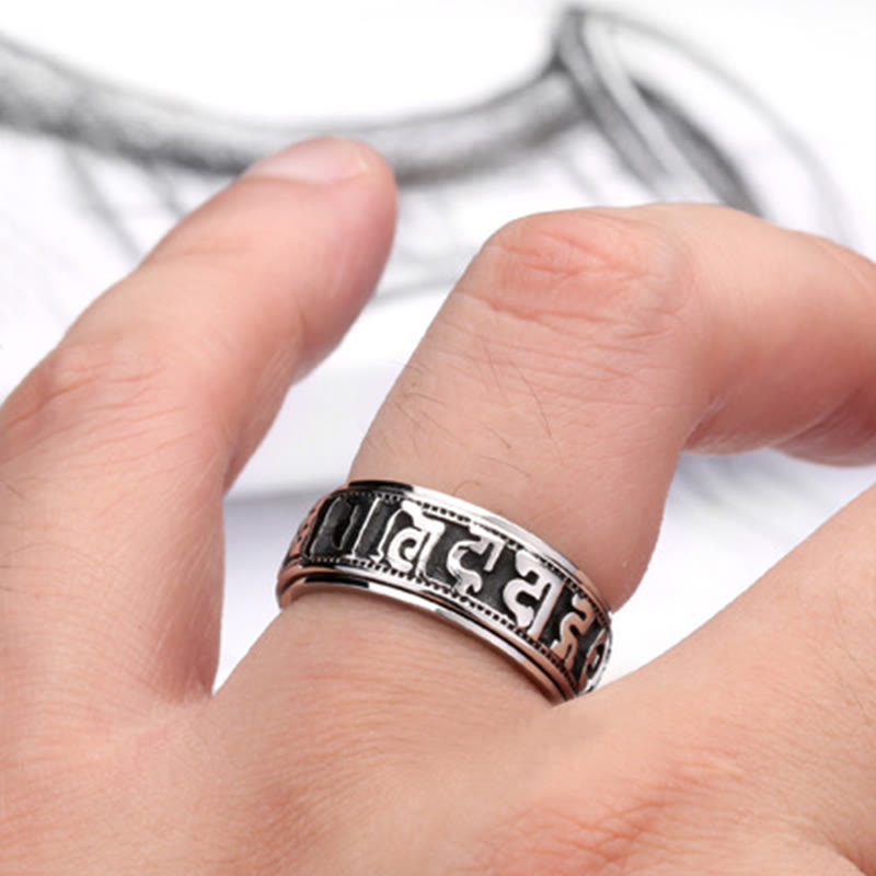 Bague d'équilibre rotative en acier titane Buddha Stones tibétaines Om Mani Padme Hum