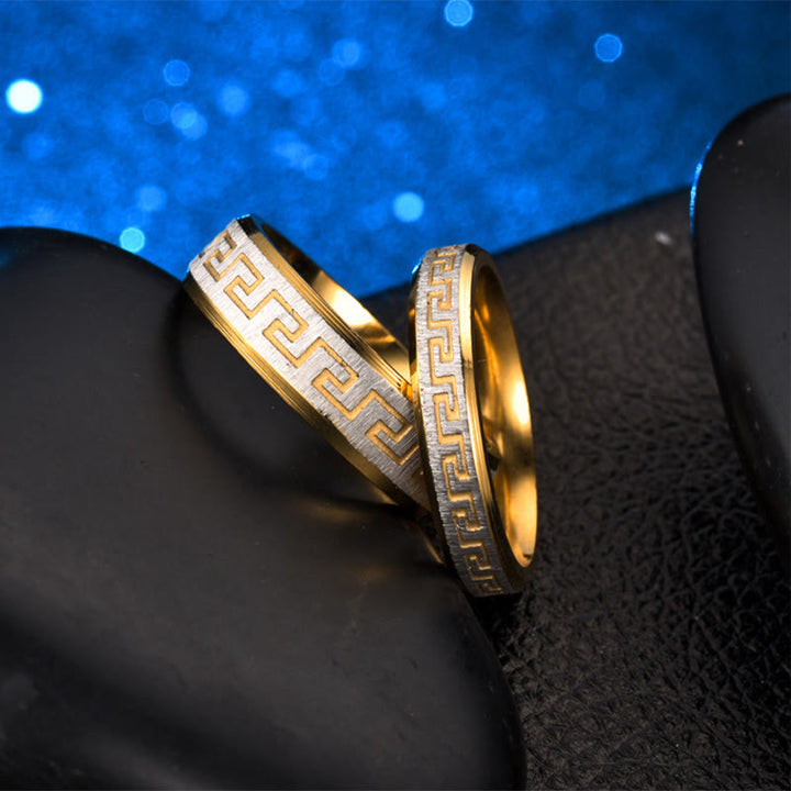 Bague d'équilibre en acier titane avec Buddha Stones et motif de la Grande Muraille tibétaine