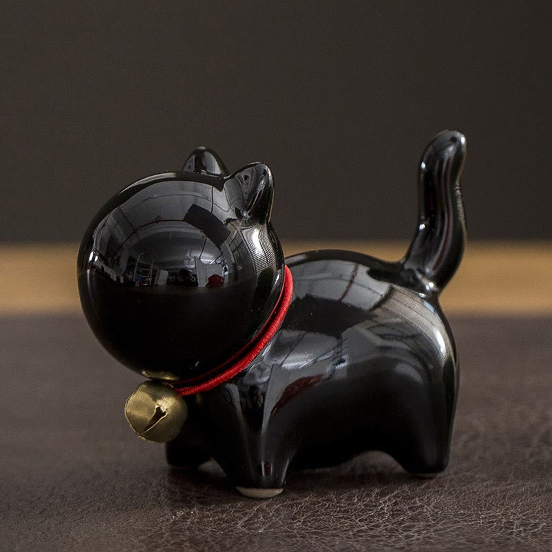 Figurine de bureau en céramique en forme de Buddha Stones porte-bonheur en forme de chat - Chat porte-bonheur noir 7 x 3,4 x 5,8 cm - image 12