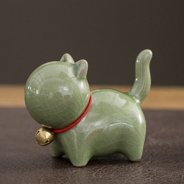 Figurine de bureau en céramique en forme de Buddha Stones porte-bonheur en forme de chat - Chat porte-bonheur vert 7 x 3,4 x 5,8 cm - image 3