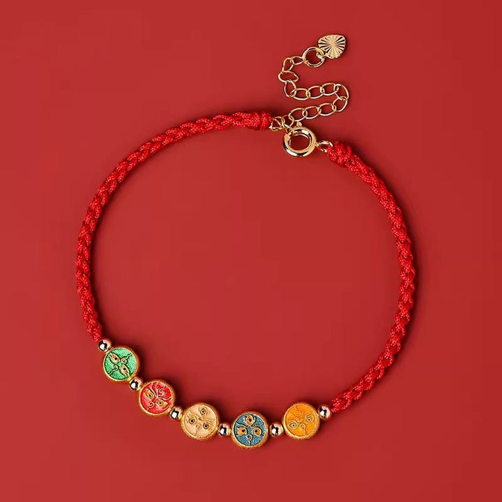 Bracelet de connexion à cinq voies avec le dieu de la richesse en argent sterling 925 et cordon rouge Buddha Stones