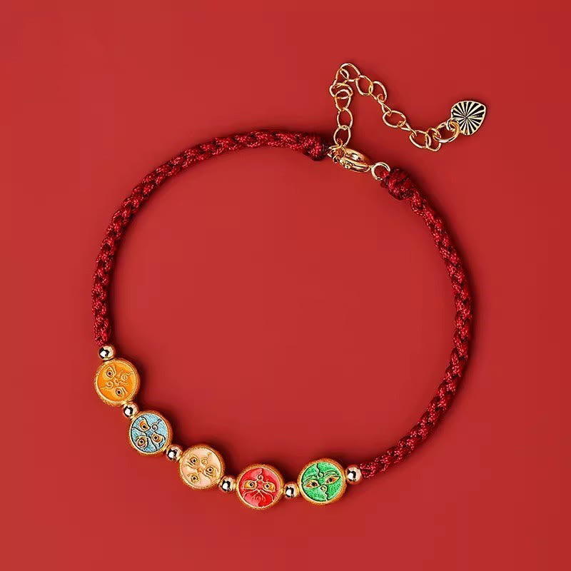 Bracelet de connexion à cinq voies avec le dieu de la richesse en argent sterling 925 et cordon rouge Buddha Stones