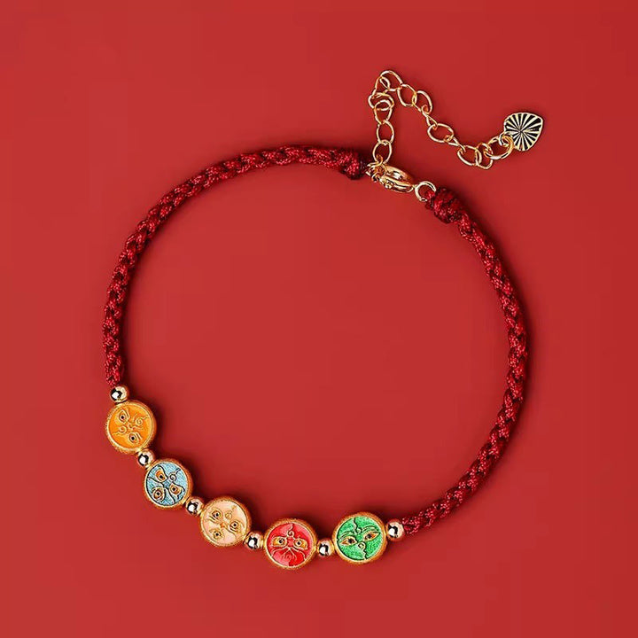Bracelet de connexion à cinq voies avec le dieu de la richesse en argent sterling 925 et cordon rouge Buddha Stones