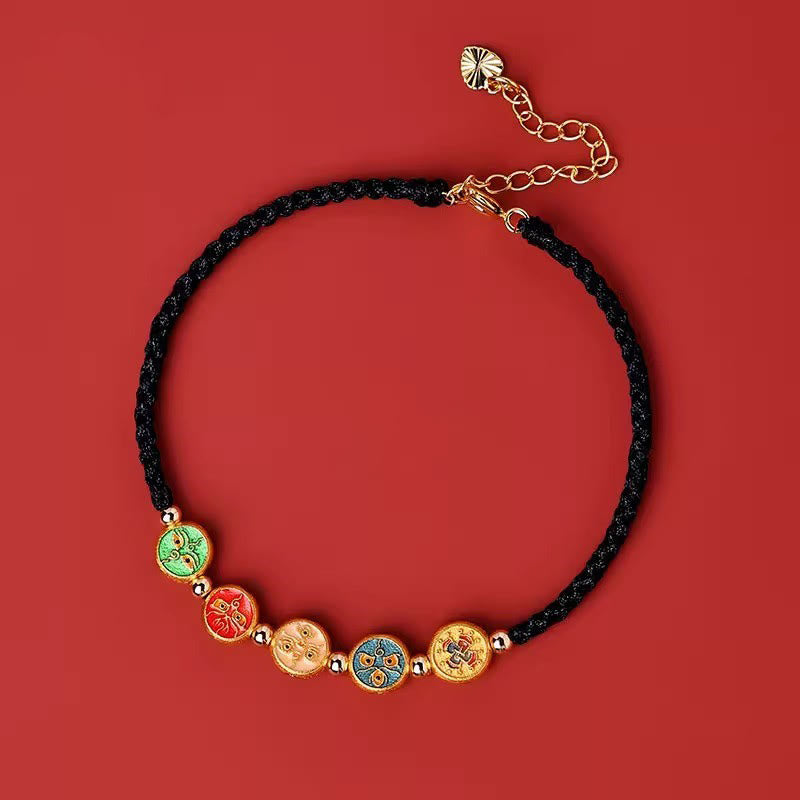 Bracelet de connexion à cinq voies avec le dieu de la richesse en argent sterling 925 et cordon rouge Buddha Stones