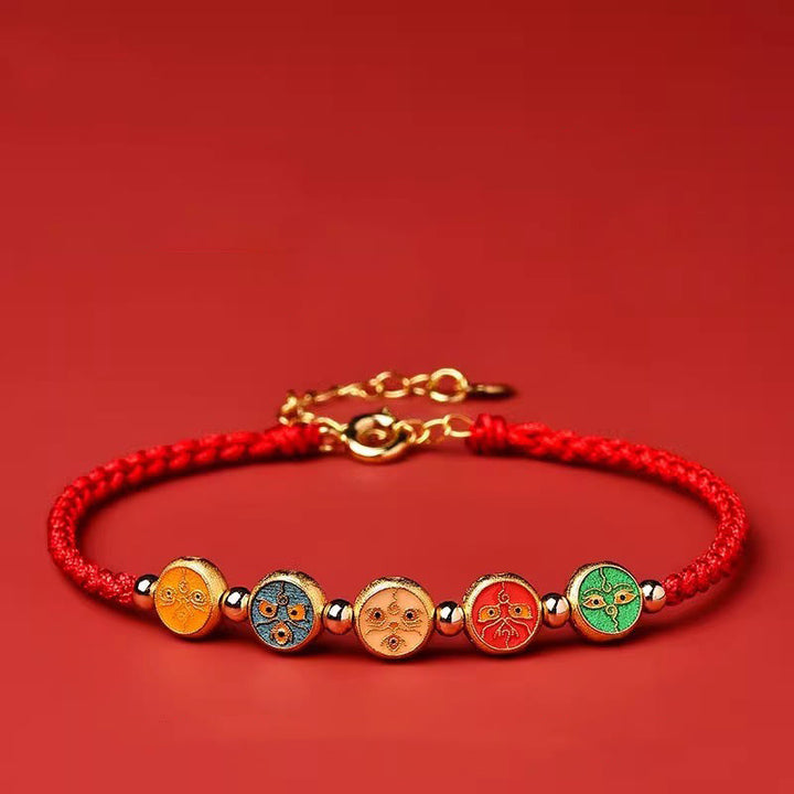 Bracelet de connexion à cinq voies avec le dieu de la richesse en argent sterling 925 et cordon rouge Buddha Stones
