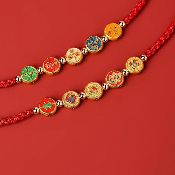 Bracelet de connexion à cinq voies avec le dieu de la richesse en argent sterling 925 et cordon rouge Buddha Stones