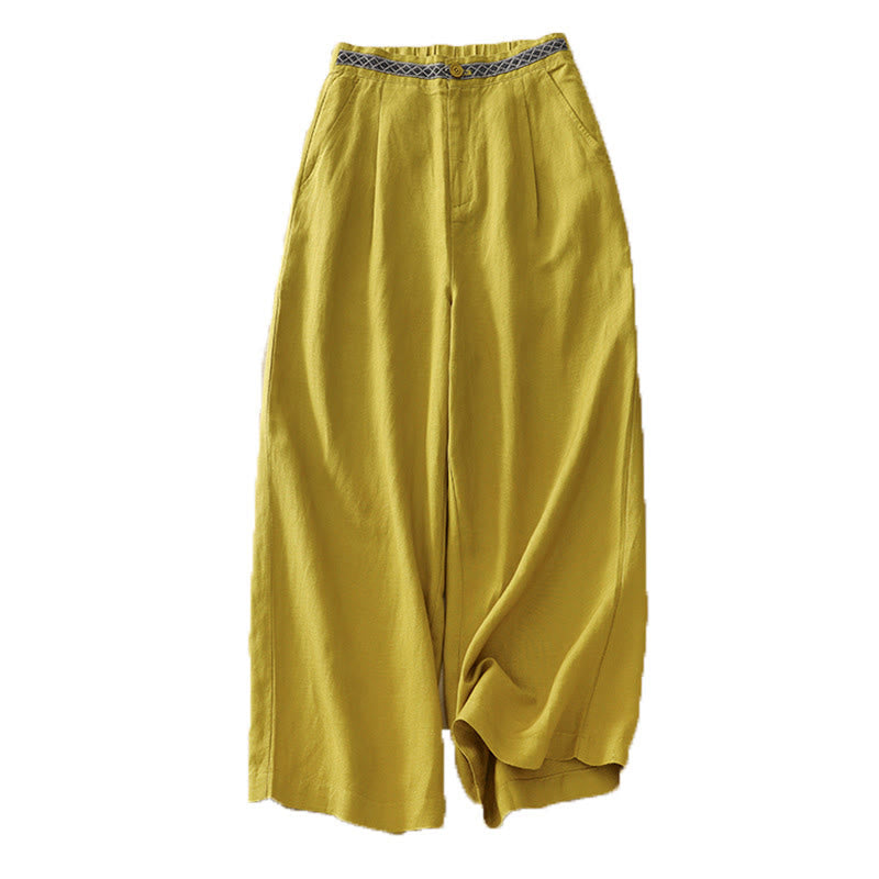 Pantalon pour femme en coton et lin élastique avec poches et boutons sur le devant et au dos, couleur unie , Buddha Stones