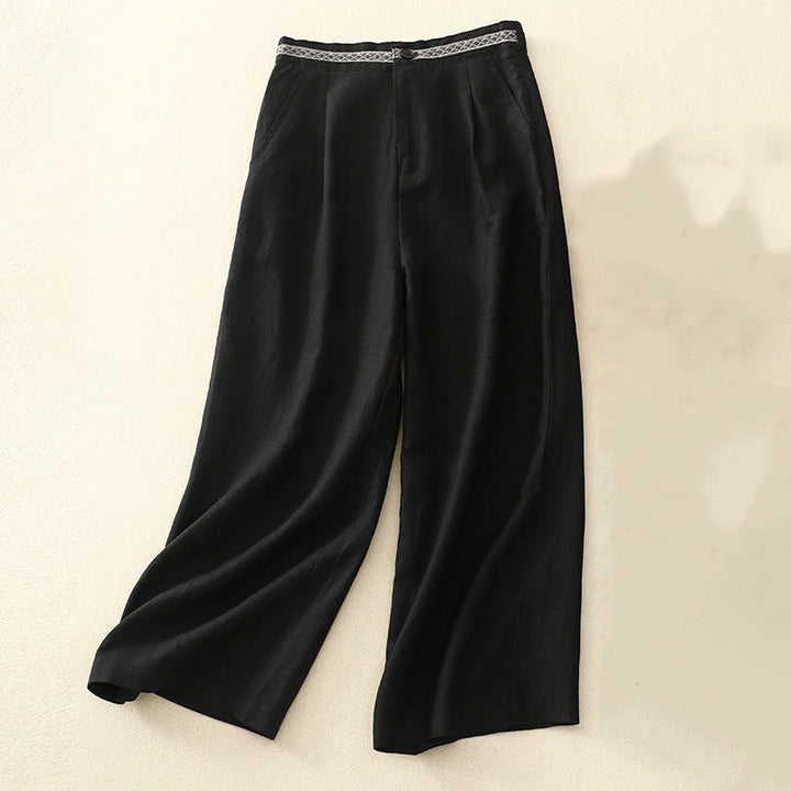 Pantalon pour femme en coton et lin élastique avec poches et boutons sur le devant et au dos, couleur unie , Buddha Stones