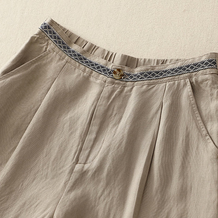 Pantalon pour femme en coton et lin élastique avec poches et boutons sur le devant et au dos, couleur unie , Buddha Stones
