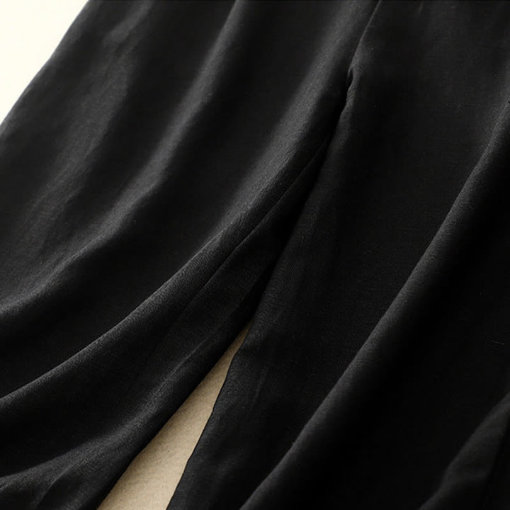 Pantalon pour femme en coton et lin élastique avec poches et boutons sur le devant et au dos, couleur unie , Buddha Stones