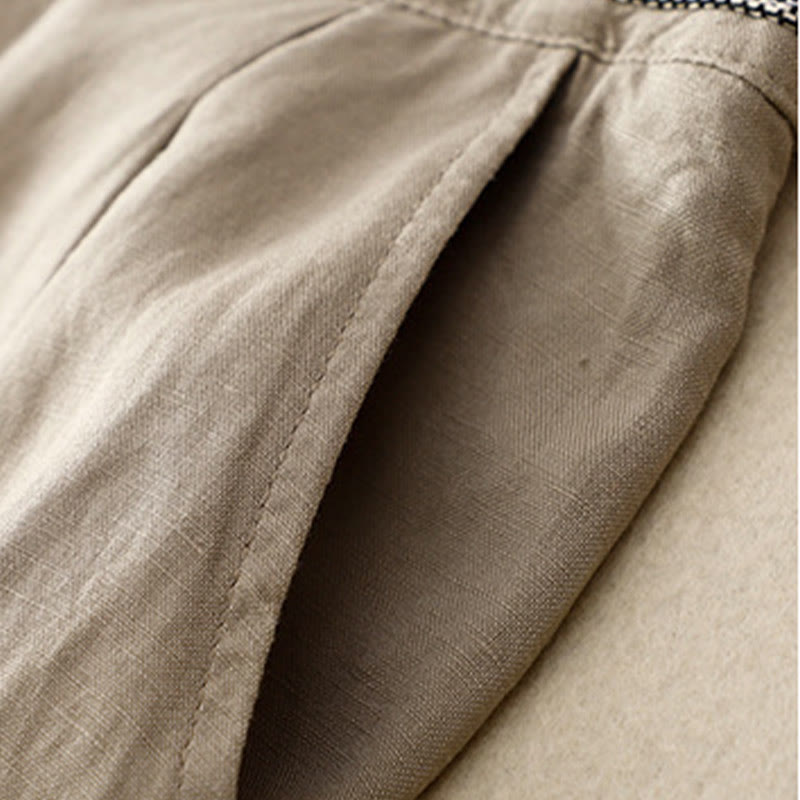 Pantalon pour femme en coton et lin élastique avec poches et boutons sur le devant et au dos, couleur unie , Buddha Stones