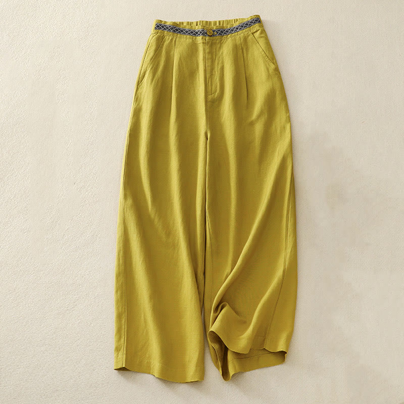 Pantalon pour femme en coton et lin élastique avec poches et boutons sur le devant et au dos, couleur unie , Buddha Stones